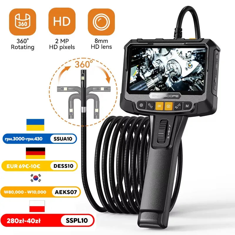 360° Steering Industrial Endoscope Camera 8mm 5"IPS Screen Single&Dual Lens Inspection Borescope 1080P For Car Engine Pip